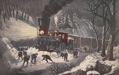 Escena del ferrocarril americano, atrapado en la nieve, pub. 1871 de American School